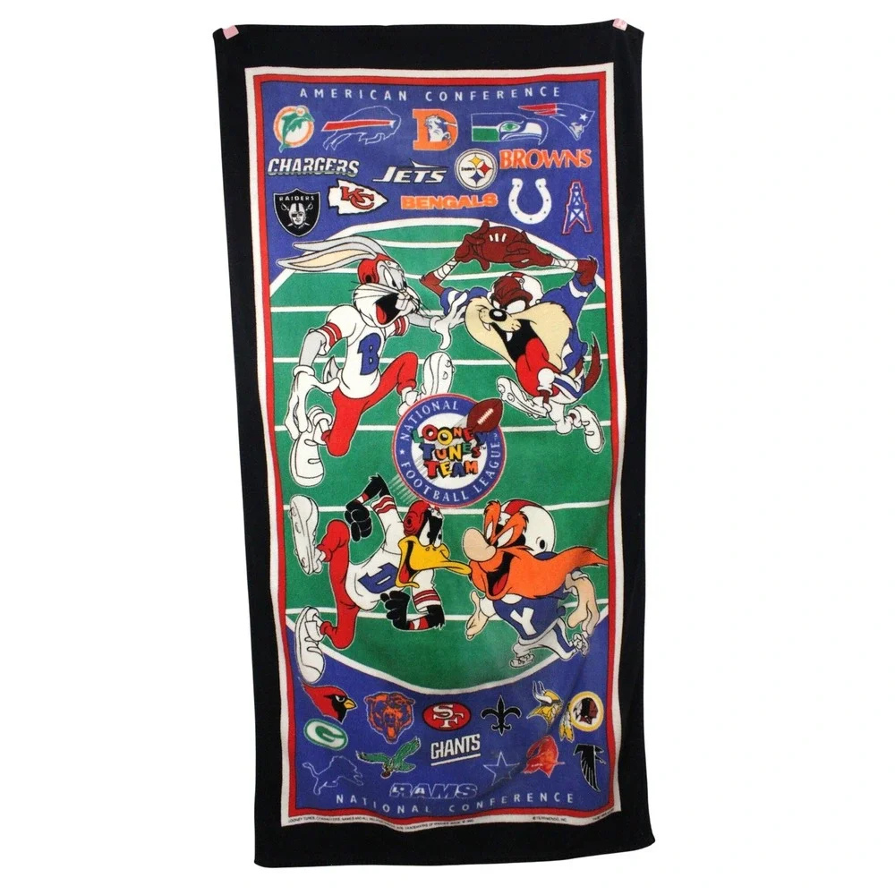 Vintage 1993 Looney Tunes NFL Football Beach Towel Bugs Bunny Taz Warner Bros
